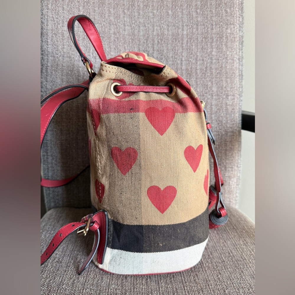 Burberry Beige Canvas Backpack with Red Heart Print and Red Leather Trim - Picture 6 of 16